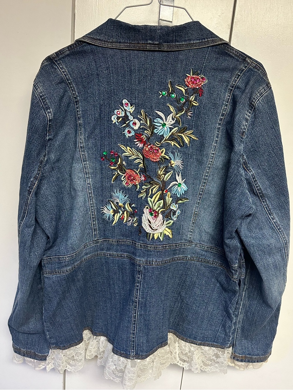 Y2K embroidered lace jean jacket fairycore large floral denim boho